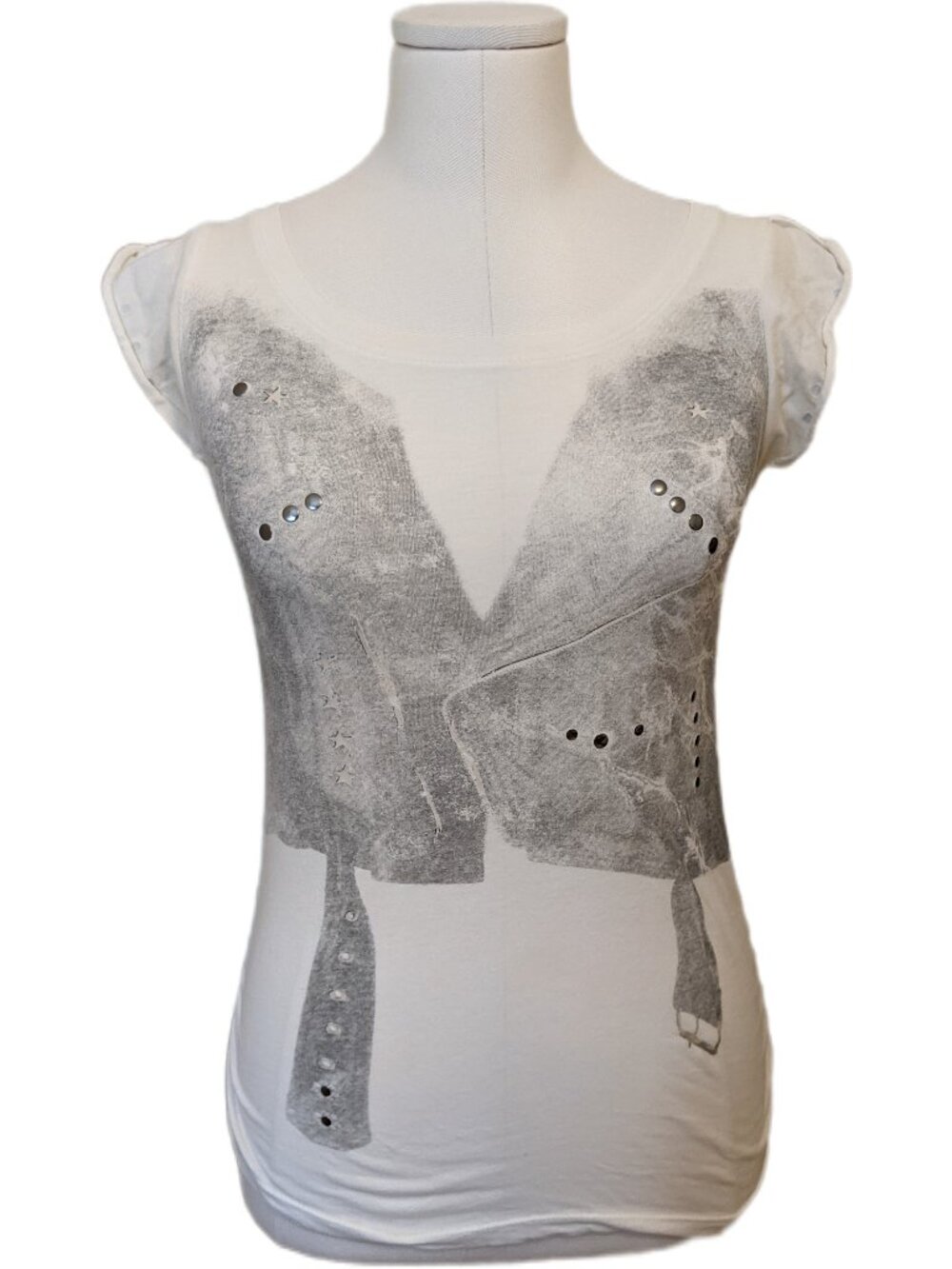 Y2K Miley Cyrus Max Azria Biker Vest Graphic Tee Studded T-Shirt Top White XS